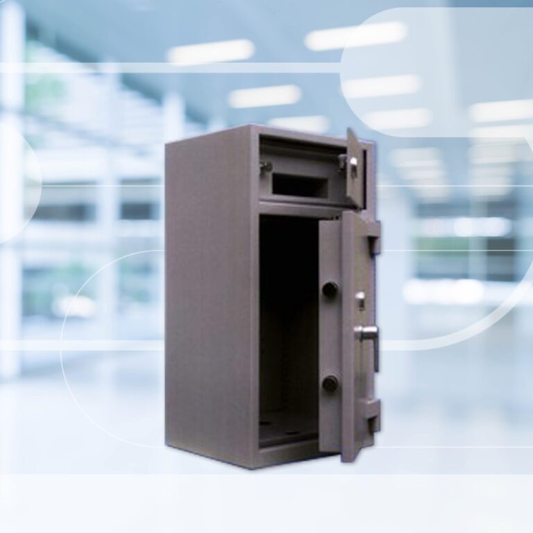 Heavy-duty deposit safe for secure cash storage in businesses, featuring anti-theft drop slot and reinforced steel construction